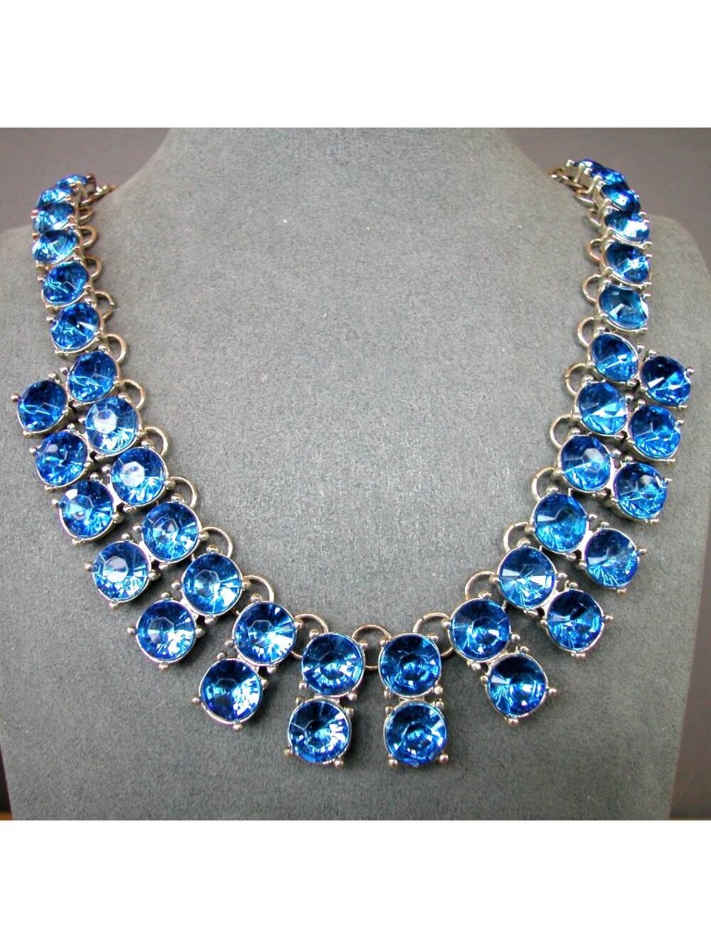 Vintage 1940s Art Deco Bib Necklace Blue Rhinestones